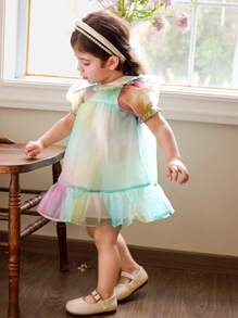 Vestido de verano elegante para niña con cuello de volantes, mangas abullonadas y ribete de volantes de organza verde - Verde - Ver 5