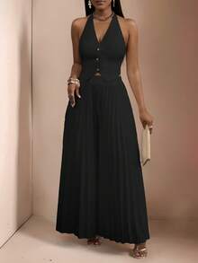 Slaydiva Ensemble deux pièces élégant et sexy pour le printemps et l'été, comprenant un Top à bretelles décolleté en V profond et dos nu, avec un bas jambe large plissé super long. Couleur blanche, en tissu tressé, pour le travail et la vie quotidienne - Noir - Voir 6