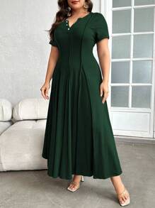 Mulvari Plus Button Neckline Press Crease Detail Short Sleeve Dress, Maxi Dress For Beach, Party, Summer, Casual, Vacation And Dating