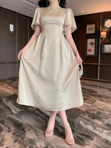 DAZY Elegant Solid Color Round Neck Ruffle Sleeve Long Dress For Women, Summer Prom Dress - Beige - View 7