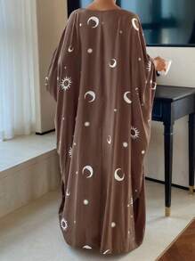 DAZY Full Print Loose Long Sleeve Ladies Robe - Brown - View 1