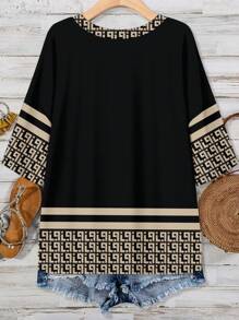 EMERY ROSE Versatile Vintage Pattern Round Neck Chest Pocket Plus Size T-Shirt, Casual & Simple, Suitable For Summer