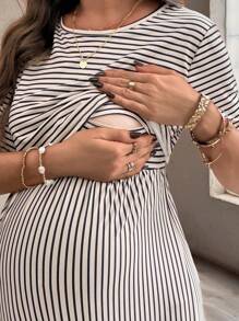 SHEIN Maternity & Nursing Striped Dress, Fashion Suitable For Summer - Khaki - View 5