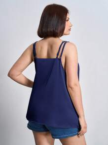 SHEIN Clasi Camiseta elegante de satén con fruncidos para tallas grandes - Azul Marino - Ver 2