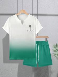 Manfinity RSRT Uomo, 2 pezzi/set, maglietta a maniche corte e pantaloncini coordinati con stampa sfumata a lettere e palme