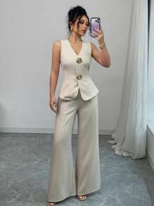 SHEIN PETITE Ensemble 2 pièces en couleur unie, débardeur col V et pantalon large décontracté pour le travail - Gris pâle - Voir 1