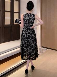 DAZY Lace Round Neck Sleeveless A-Line Pleated Mid-Calf Dress For Women