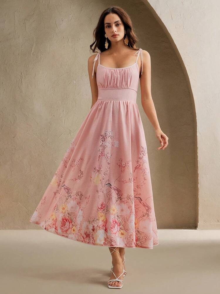 Elegant Floral Print Ruffled Waist Slim Look Sleeveless Women Dress, Suitable For Vacation, Spring/Summer, Festival, Graduation