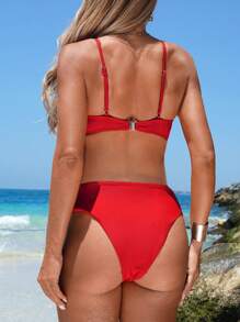 SHEIN 2022春夏红色高胸钢圈聚拢精致优雅孕妇比基尼 - 紅色 - 查看 2