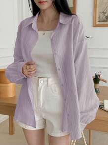 DAZY Women's Casual Business Style Loose Fit Solid Color Long Sleeve Collared Blouse