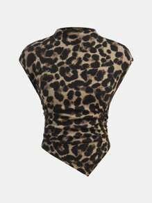 SHEIN Leap Crew Teen Girl Spring & Summer, Valentine Day Clean Girl, Spring/Knitted Texture Fabric Asymmetric Hem Leopard T-Shirt, Suitable For Spring And Summer Wear, Gathering