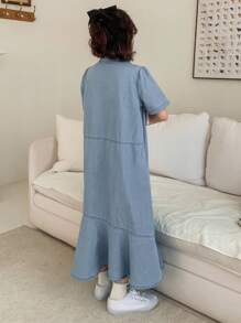 Dazy Kids Tween Girl Denim Dress, Short Sleeve, Turn-Down Collar, For Summer, Back To School Clothes