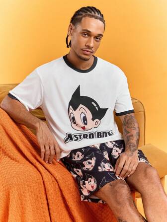 Astro Boy X SHEIN 男士舒适卡通图案短袖衬衫和短裤睡衣套装，夏季