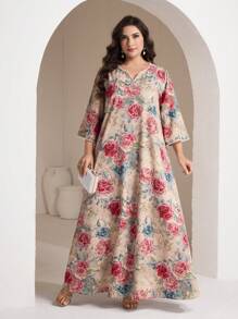 Al Najma Đầm suông rộng cổ chữ V in hoa thanh lịch cho nữ cỡ lớn - Nhiều màu - Xem 2