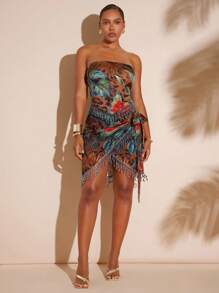 Hauture Women's Brown Leopard Jungle Printed Leopard Skirt With Sash And Green Beading - Multicolor - View 3