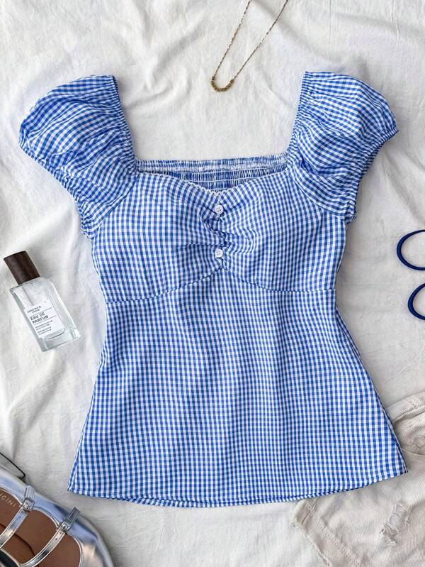 SHEIN TEENGIRL Blue & White Retro Plaid Ruffle Trim A-Line Blouse, College Casual Style Girl Clothes Summer Tops Blouses For Teen Girls Blouse For Girls Preppy Tops Blouse For Teen Girls