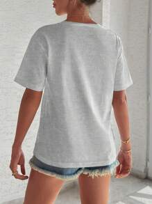 EURMUSE 100%Cotton T-Shirt With Flower Embroidery, Round Collar, Pocket Details - Grey - View 2