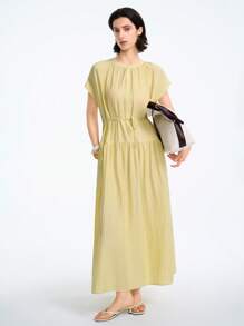 Aalyst 女士法式优雅高端简约时尚通勤/办公室/休闲/假日下午茶纯亚麻面料立领插肩袖直筒腰部 A 字褶腰带中长连衣裙，春夏 - 黃色 - 查看 5