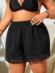 Swim Lushoire Plus Size Solid Color Elastic Waist Summer Cover-Up Shorts, Summer Beach - Black - View 5