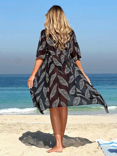 SHEIN Maternity All-Over Print Knotted Summer Casual Kimono Cover Up