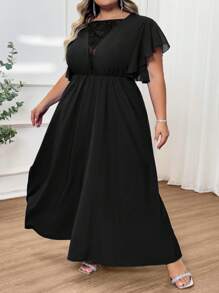 SHEIN CURVE+ Vestido de talla grande para mujer con mangas de volantes de malla bordada y parches, elegante para el verano/campo/vacaciones en la playa/atuendos de playa/ropa de playa - Negro - Ver 4