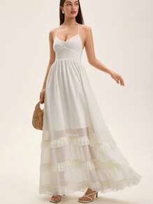 SHEIN Unity French Elegant Pure White Pearl Chiffon V-Neck Spaghetti Strap Pleated Bust Cinched Waist Layered Ruffle Sleeveless Maxi Dress For Summer - White - View 6
