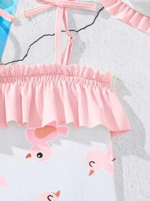 SHEIN Leap Crew 女婴可爱鸭子印花荷叶边连体泳衣，夏季假日海滩 - 彩色 - 查看 3