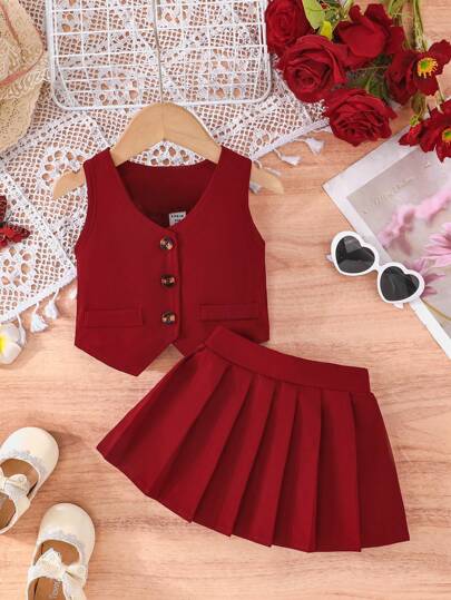 2pcs Baby Girls Summer Solid Color Single-Breasted Vest And Pleated Mini Skirt Set