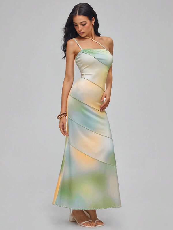 Roylia Women's Elegant Ombre Green Color Pattern Sleeveless Dress