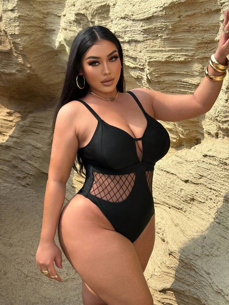 Swim SXY Traje de baño de una pieza sexy con panel de malla para tallas grandes para el verano - Negro - Añade 5