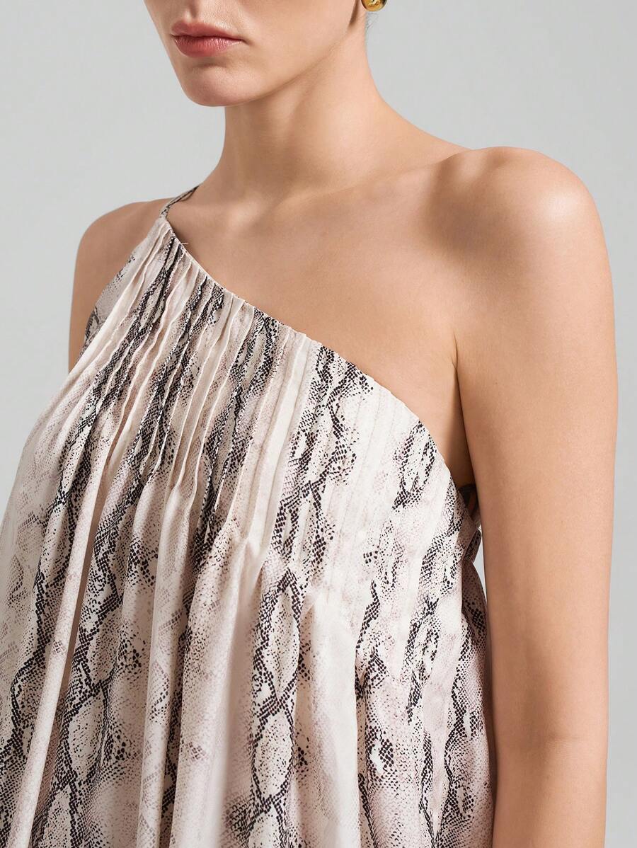 Ontre 2025新款都市风印花无袖长裙，褶皱设计，蛇纹印花，适合夏季、毕业典礼、节日、音乐节 - 卡其色 - 查看 1