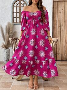 SHEIN LUNE Vestito da vacanza estivo con stampa all-over e orlo con volant, adatto anche per laurea, per taglie comode