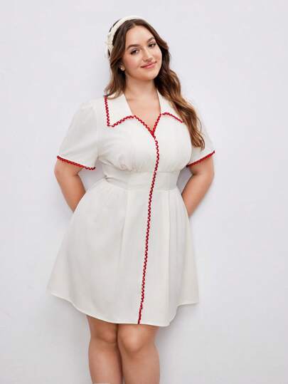 SHEIN MOD 大码复古拼色短袖衬衫裙，法式田园风，可爱俏皮