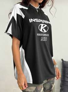 Coolane 女士夏季比赛日长袖拼布印花针织 T 恤，情侣同款 - 黑色 - 查看 2