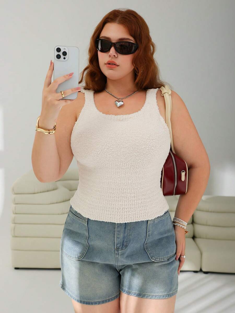 SHEIN EZwear Plus Size Autumn & Winter Thickened Sherpa Fleece Vest With Removable Bust Cup - Apricot - View 1