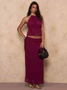 SHEIN BAE Damen eleganter einfarbiger Sommerrock mit tiefer Taille und Seitenschlitz - Heißes Pink - Übersicht 7