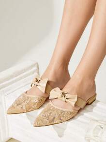 CUCCOO CHICEST Beige Pointed Toe Bow & Lace Decor Flat Mules Slip On Casual Loafers For Women - Apricot - View 2