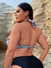 Swim SXY Plus Size Women's Sexy Halter Zebra Print Beach Bikini Top For Summer Beach Vacation