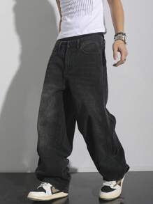 Manfinity Hypemode Plus Size Men's Pocket Decor Loose Wide Leg Casual Versatile Jeans Baggy Jeans Mens