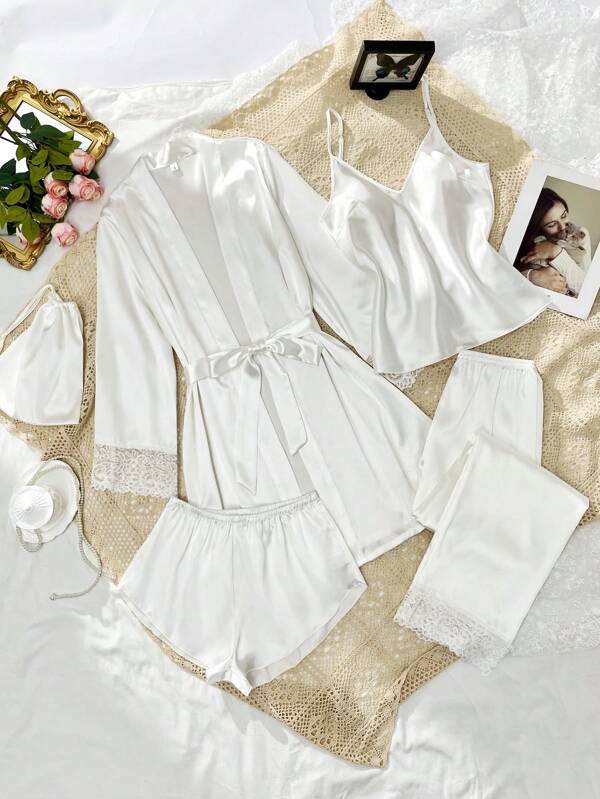 SilkySpell 5pcs Women's Sexy Lace Camisole, Satin Elegant Robe, Long Pants, Shorts, And Storage Pouch, Premium Pajama Set