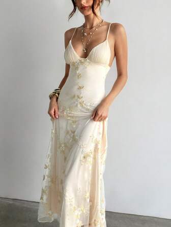 Aloruh Women's Wedding Season Sexy Elegant Deep V Ruched Bust Embroidered Fitted Waist Romantic Embroidered Maxi Dress Honeymoon Outfits Woman Women Wedding Guest Dress Island Vacation Outfits Look Summer Dresses For Women Wedding Guest Dress Women Sun Dresses For Women Mother's Day Outfit