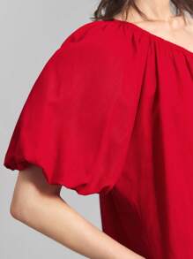 Ontre 2025 Women's Summer Elegant Red Party Dress,Strapless Puff Asymmetric Ruffle Sleeve,Solid Color Straight Casual Short Dress,Bohemian Vacation Style - Pink - View 5