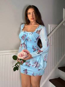 Firerie Vestido mini ajustado con volantes y estampado floral elegante para mujer, adecuado para vacaciones, bodas