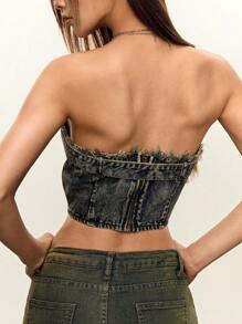 INAWLY Fashionable Washed Frayed Hem Cropped Denim Bustier Top - Dusty Blue - View 2