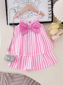 Elladie kids Bộ áo hai dây kẻ sọc hồng và nơ hồng đáng yêu cho bé gái, thoải mái để mặc hàng ngày, trang phục mùa hè có nơ cho bé gái trong kỳ nghỉ hè. - Hồng - Xem 5