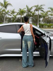 SHEIN EZwear Women's Drawstring Waist Pockets Wide Leg Loose Casual Versatile Jeans