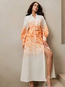 Anewsta Women Floral Embroidery Cardigan With Belt Long Elegant Dress, Spring Outfits - Orange - View 4