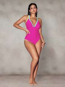 Shapewave Traje de baño de una pieza con control de barriga y tirantes de bloques de color para mujeres