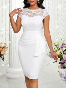 SHEIN Lady Spring And Summer Lace Patchwork Elegant White Dresses - White - View 7