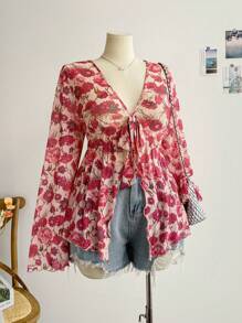 Soleia 大码女式复古花卉针织网眼衬衫，V 领长喇叭袖系带前宽松上衣，适合秋冬季外套女装女式夏季衬衫女式夏季服装 - 彩色 - 查看 8